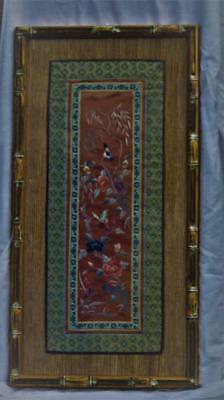 Oriental Japanese Silk Tapestry Birds & Flowers Antique Framed Embroidered