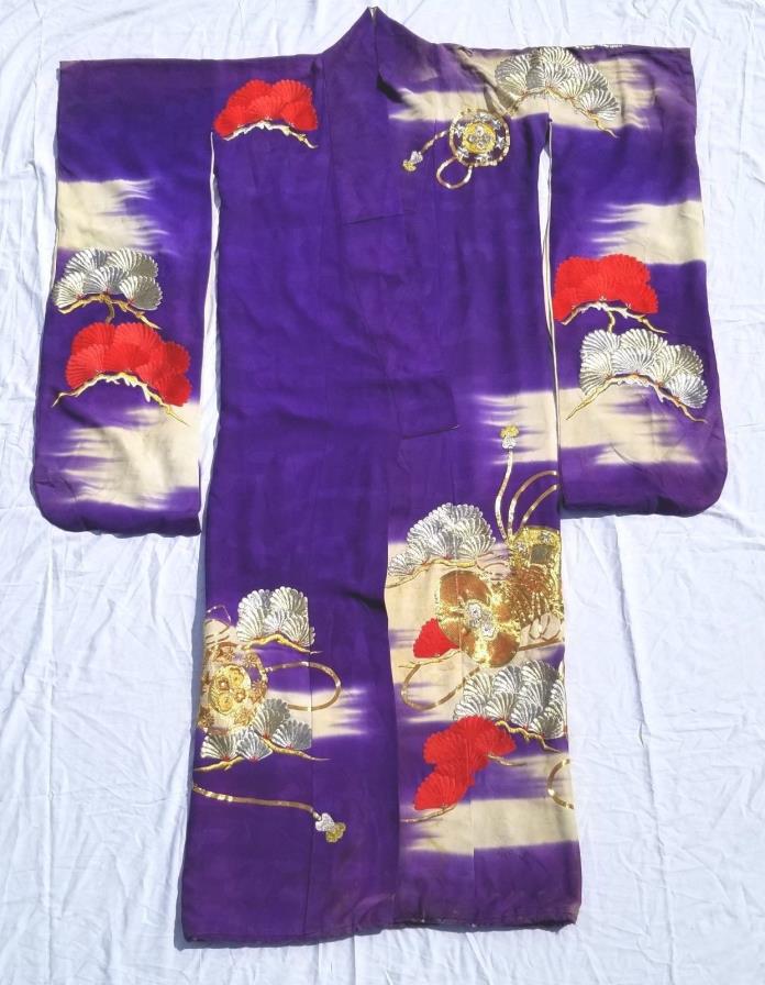 Japanese Furisode Kimono Vintage Silk Purple Embroidered Gold Tsuzumi