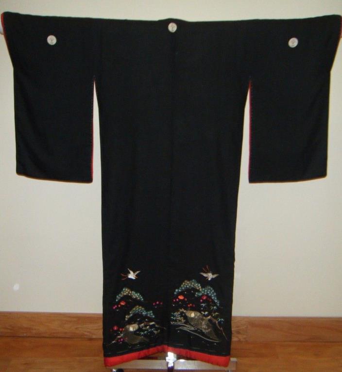 Rare Meiji Japanese Uchikake Bridal Kimono w/ Embroidered Cranes & Tortoises