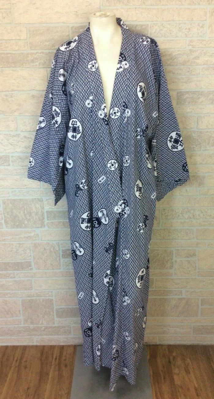 Vintage Ichi Ban Women’s Kimono Robe Floral Blue White 100% Cotton Japan