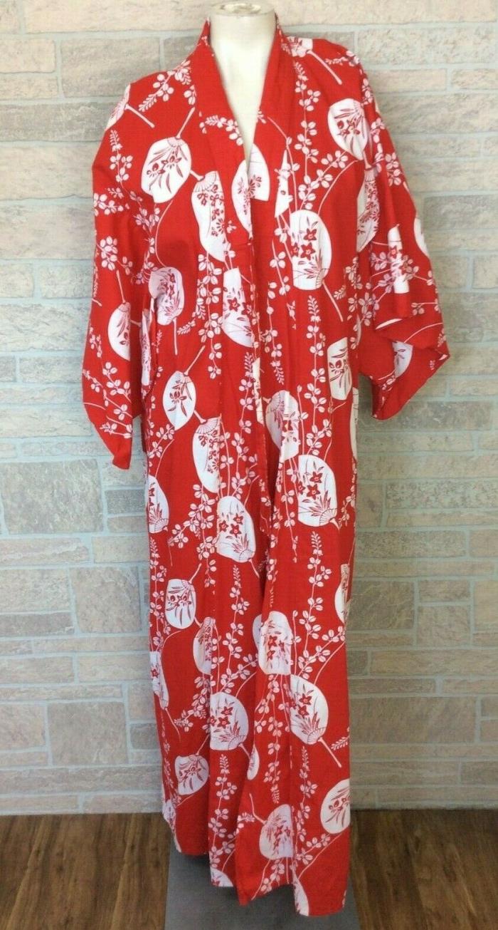 Vintage Marukyo Women’s Kimono Robe Floral Red White 100% Cotton Japan