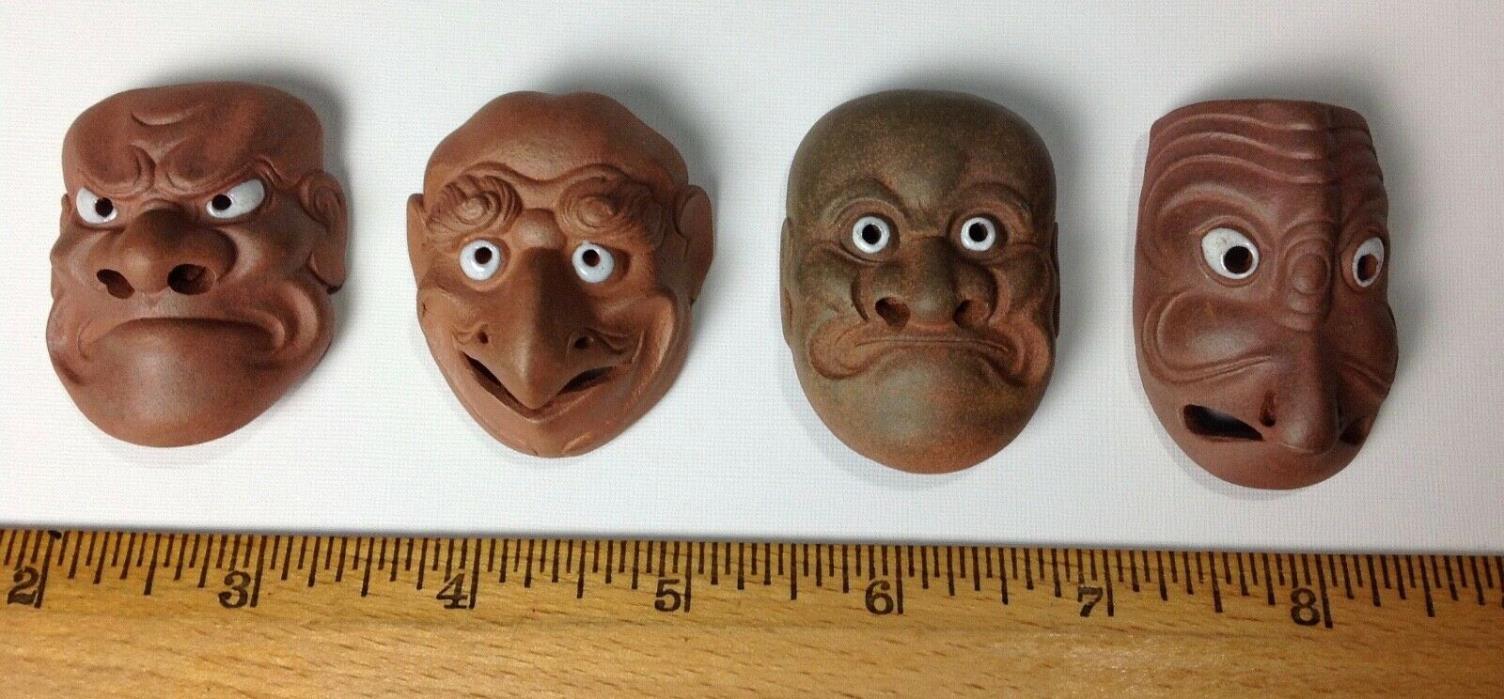 4 Signed Vintage Japanese Miniature Ceramic Pottery Clay Noh Mask Netsuke Enamel