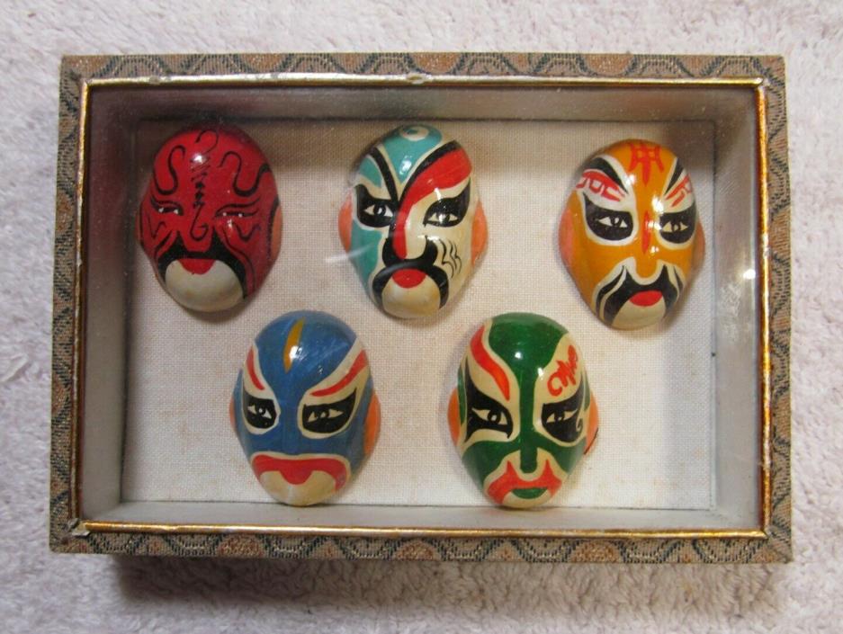 Set of 5 Mini Hand-Painted Vintage Antique Japanese Kabuki Masks W/ Box Display
