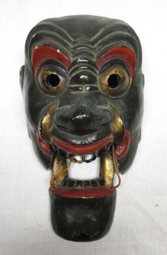 Antique Japanese Traditional Mask Kabuki Green Gold Fangs