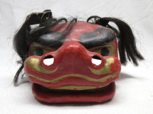 Antique Japanese Traditional Mask Kabuki Red Gold Pigtails