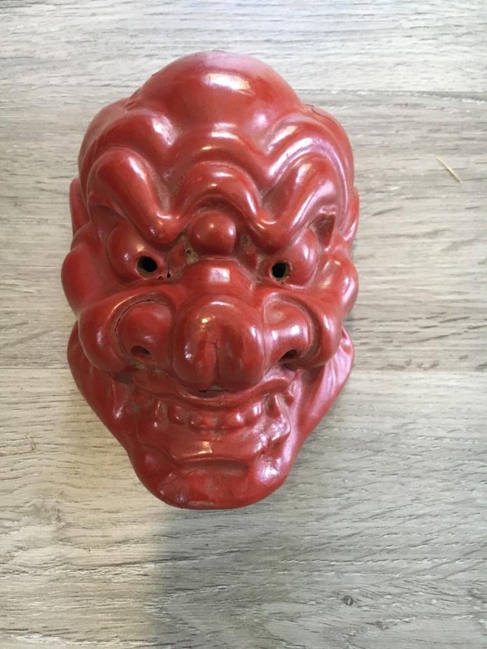 Antique Red Lacquer Japanese Buddhist Demon Mask