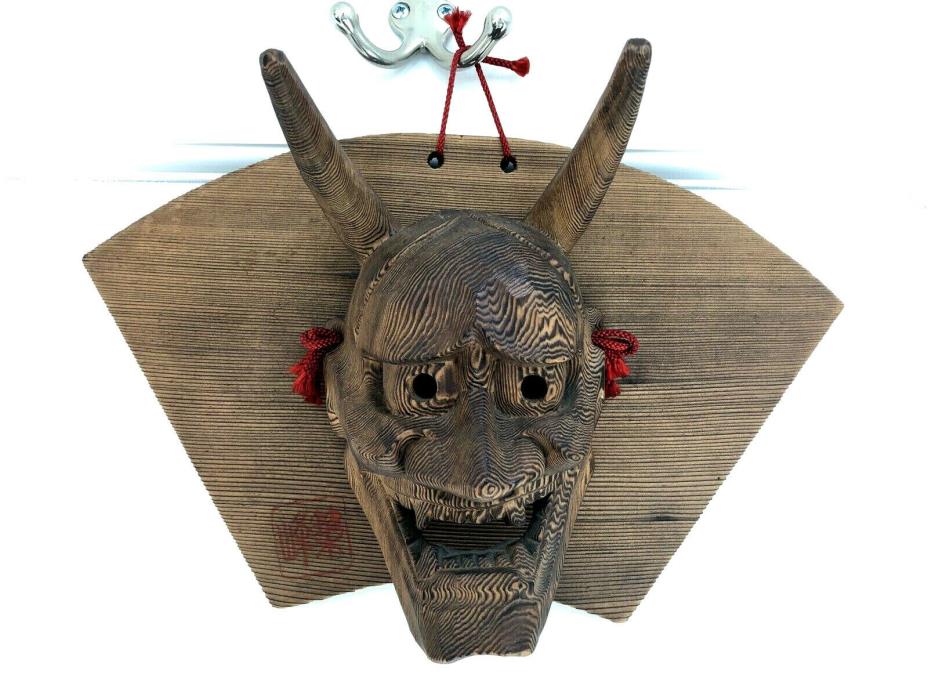 Wood HANNYA Mask Japanese Vtg Horned Evil Demon Oni Noh Kabuki ??woolhanging