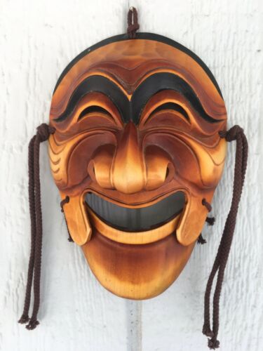 RARE VTG Antique Korean Mask Koomote Noh Theater Wood Hand Carved signed MINT