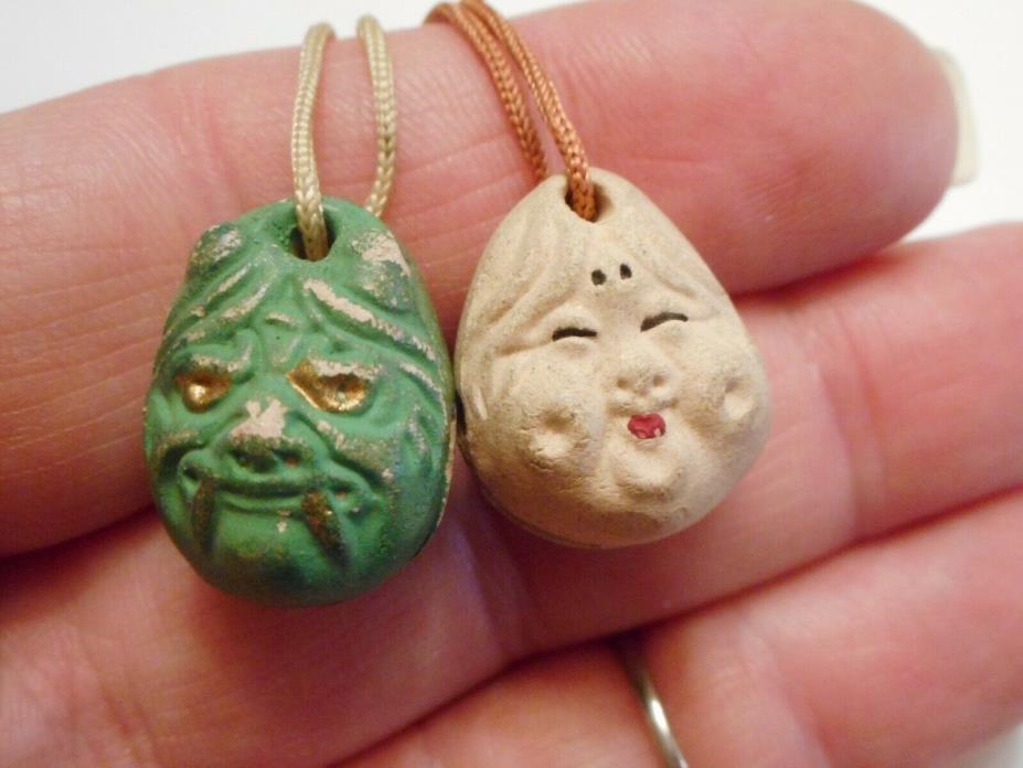 VERY COOL - Vintage JAPANESE POTTERY Figural FACE Charm BELLS Devil & Buddha