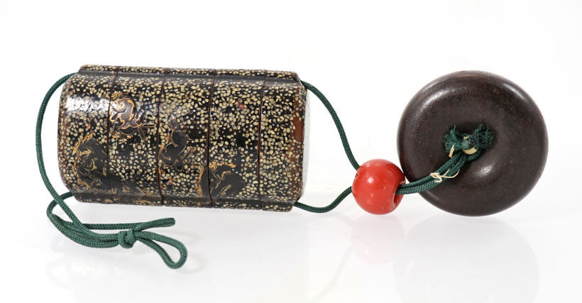 Japanese 19th c. lacquer inro with netsuke and ojime, tea dust interior [11630]