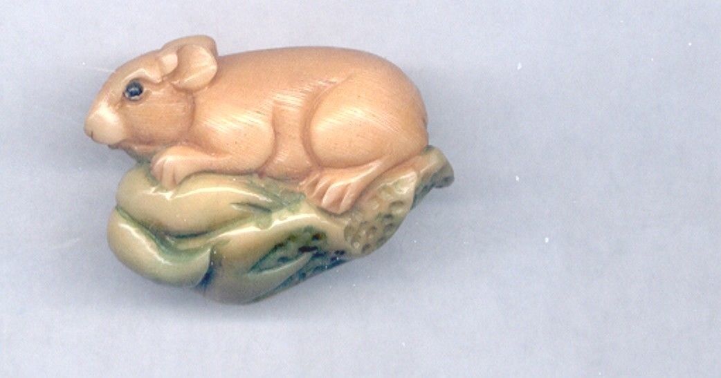 Rat On Cabbage  Netsuke Hand Carved Tagua Nut  Figurine   723