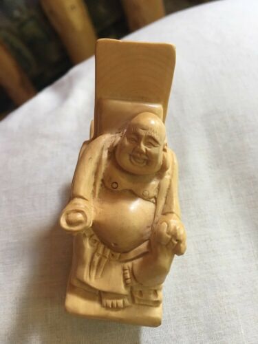 Vintage Hand Carved Boxwood Netsuke - Elder man Chair Laughing Buddah