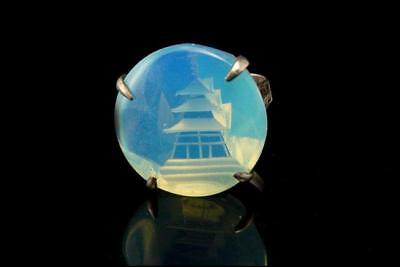 VINTAGE JAPANESE OPALESCENT ART GLASS CARVED PAGODA SILVER RING A807-78