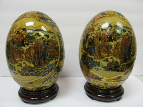 PAIR JAPANESE MAIDENS DETAILED POTTERY EGG SHAPES 6 1/8” H W/ STANDS XLNT COND