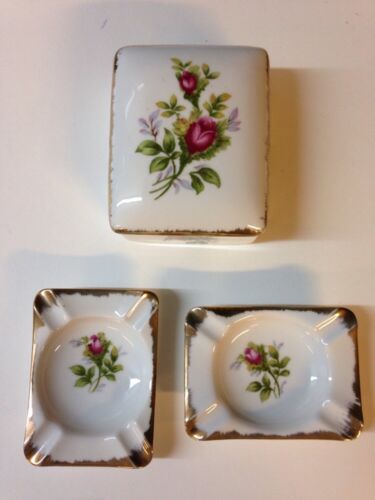 Cigarette Box And Ashtray Set Antique Fern Hand Painted  Japan Rosebud Tobacco