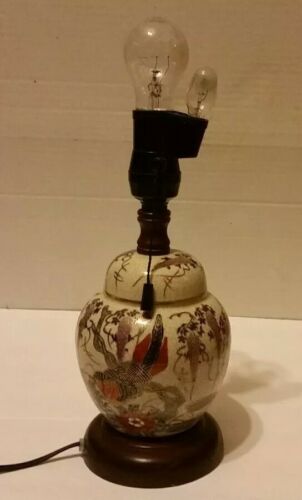Vintage Japanese Kutani Vase Ginger Jar Lamp Wisteria Bird Mitsubashi Fixture