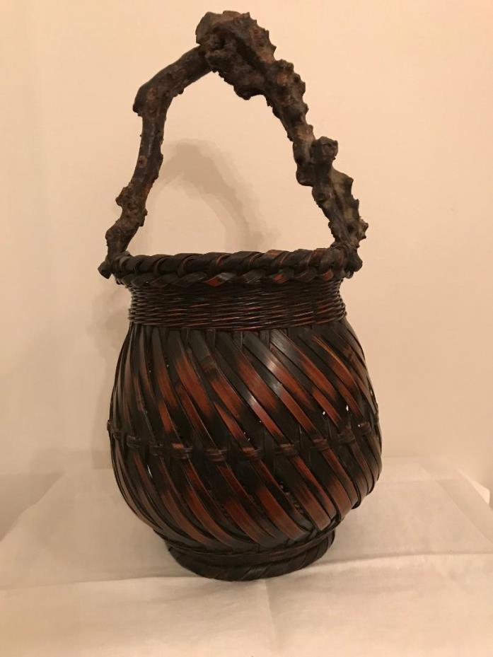 Antique Japanese Ikebana Woven Willow and Bamboo Basket with Root Handle