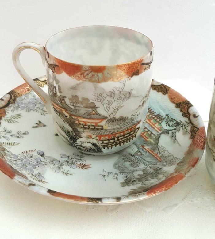 Antique Japanese Eggshell Porcelain Tea Cups & Saucers, Kutani Marked, Set of 2