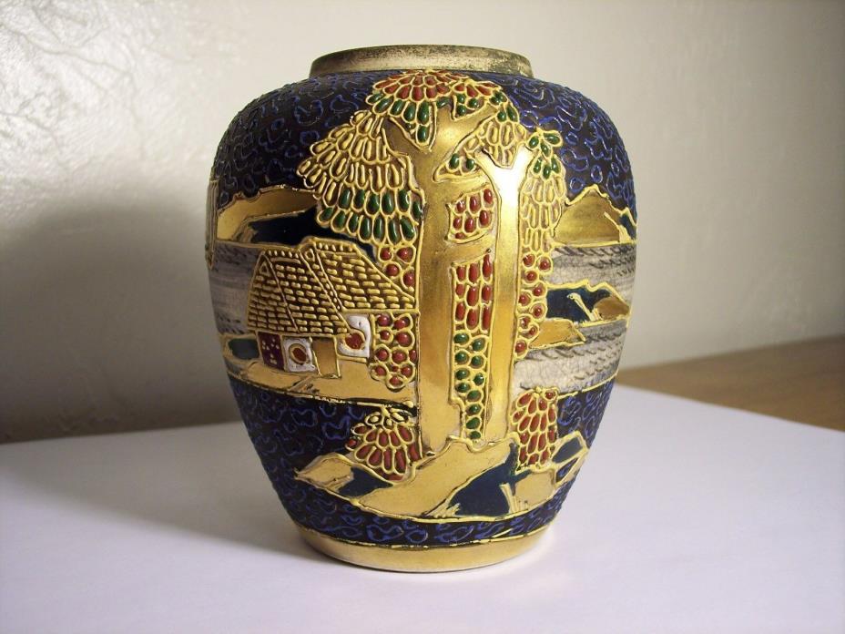 Antique Japanese Satsuma Pottery Moriage Ginger Jar ~ Blue Ship Scene Great cond