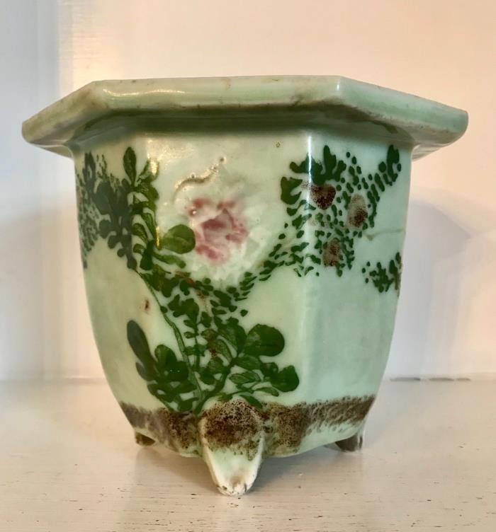 RARE Large Meiji Antique Japanese Octagonal Floral Jardiniere Pot  ~CELADON~