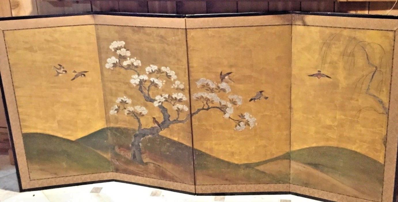 Vintage Asian Silk Screen 4 Panel Hand Painted Trees & Birds Gold Landscape