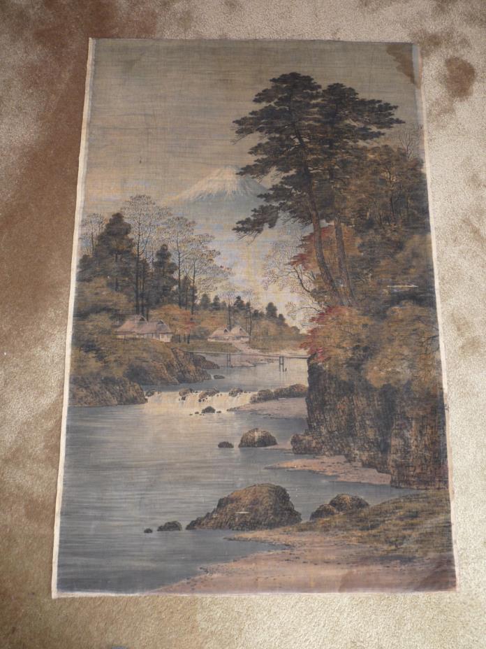Antique Hand Painted Cut Velvet Wall Hanging Panel Tapestry Mt. Fuji Japan
