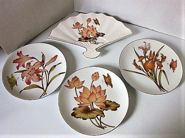 Vintage Porcelain Japan Fan Flower w/Butterfly Plate with 3 Matching 6.5