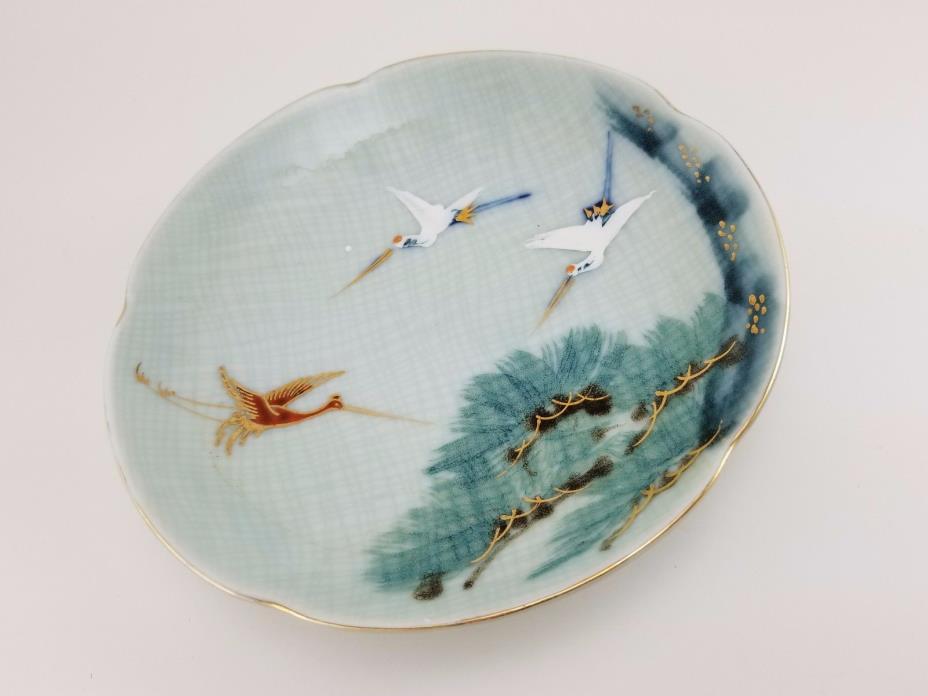 ANTIQUE JAPANESE HAND PAINTED PORCELAIN CRANE PLATE Gold Accents Stamped