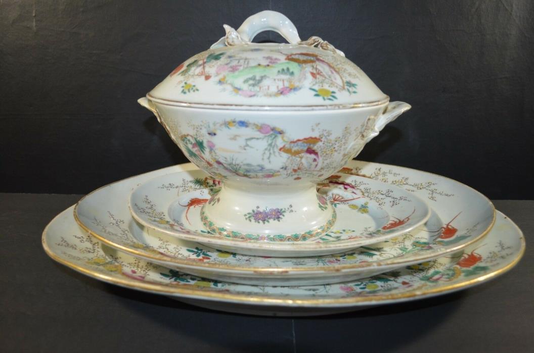 Over sized Four sets Japanese Meiji porcelain 3 plates and large bowls W / Mark