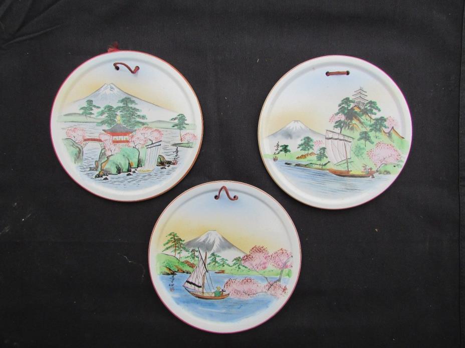 Japanese Kutani ware vintage Art Deco oriental antique set of 3 landscape plates