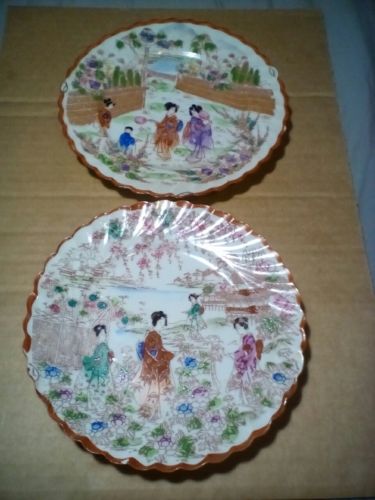 2 Small Vintage Japanese Hand Painted Plates of Geisha Girls Made In Japan