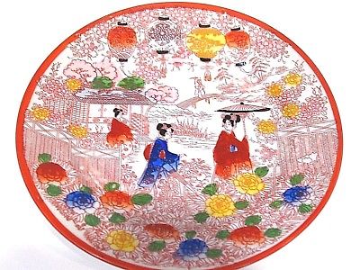 ANTIQUE SET 6 Large Plates Japanese Red Geisha Pagoda Moriage HP Porcelain EUC!