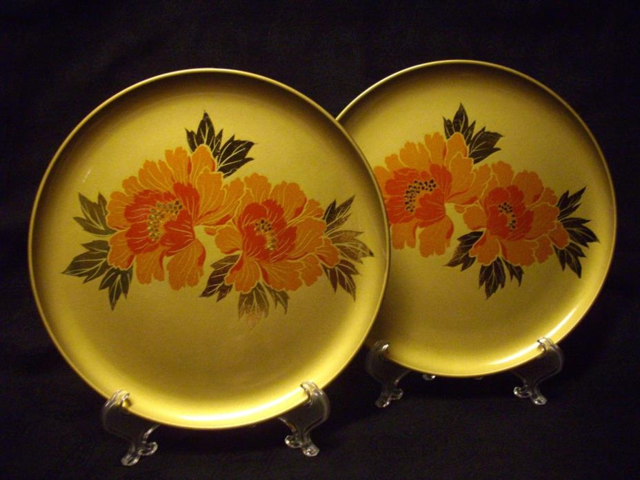 VINTAGE JAPAN LACQUER PLATE/TRAY PAIR HAND PAINTED OTAGIRI GOLDEN FLORAL SET