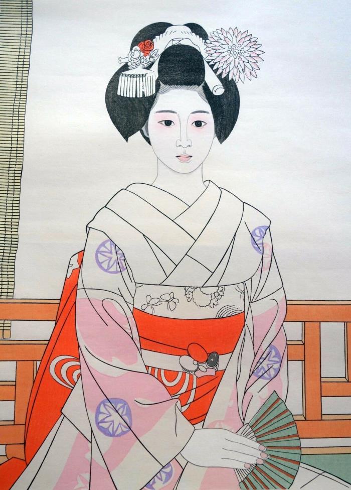 Vintage Large Japanese Woodblock Print Maiko at Daimonji Kyoto Geisha Shin Hanga