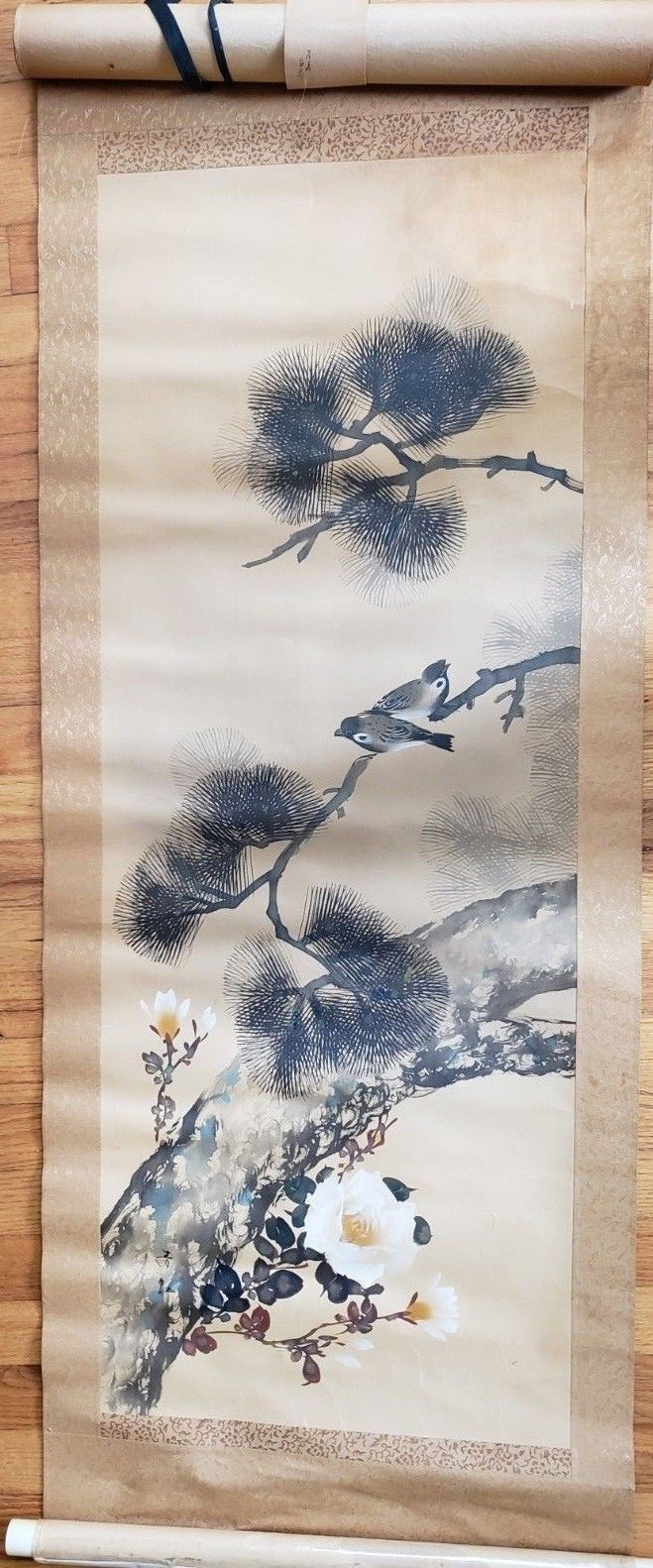 Vintage Japanese Woodblock 2 Birds Paper on Scroll Estate Find