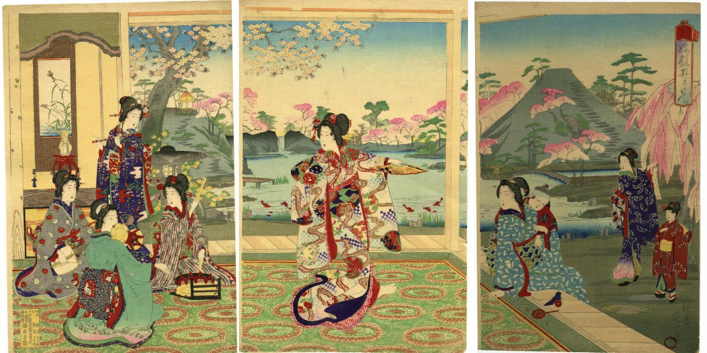 Delightful NOBUKAZU ukiyo-e woodblock print: “SPRING CHERRY BLOSSOMS”