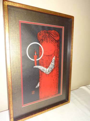 Modern Japanese Wood Block Print of a Girl with Candle Framed