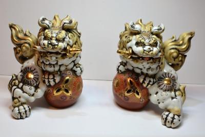 Antique 1800s Meiji Period Japanese porcelain Moriage Kutani Guardian Foo Dogs