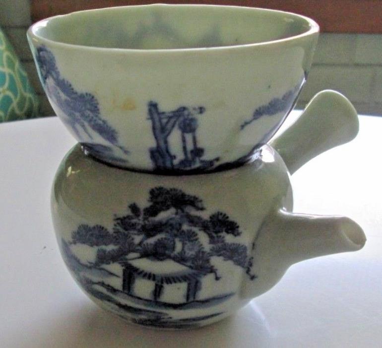 Vintage Japan Hand Painted Tea Set Stacked Pot & Cup Hot Sake Flow Blue