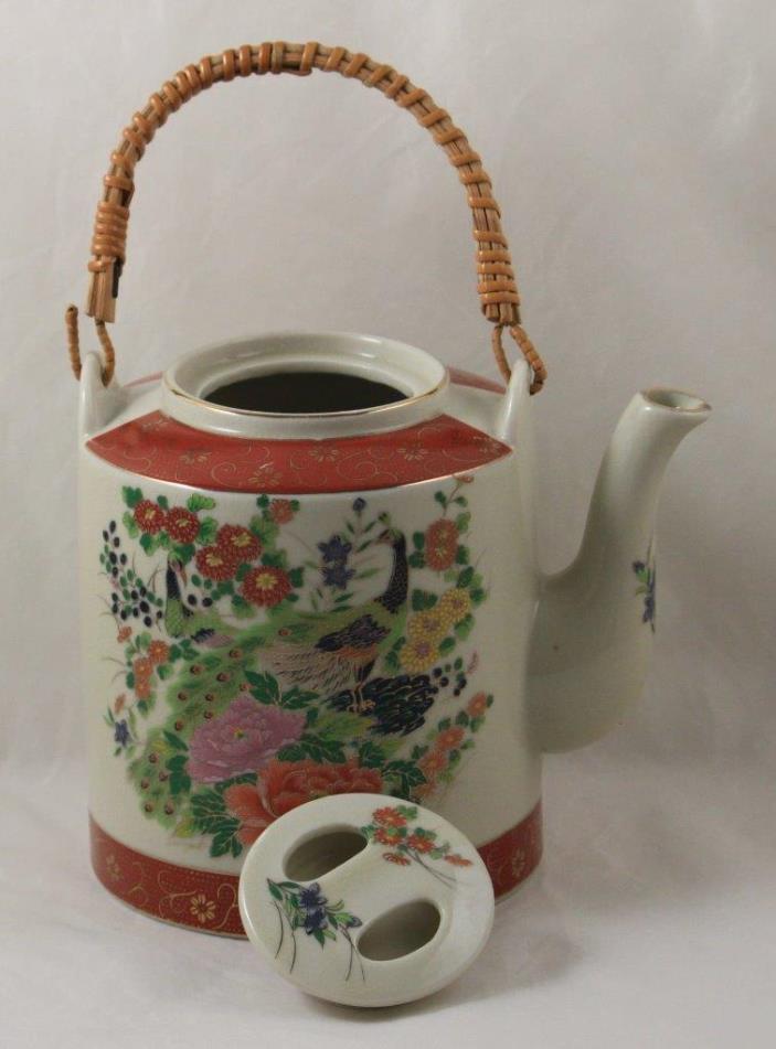 Teapot Satsuma Japan Peacock Bamboo Handle Gold Designs Vintage Hand Painted