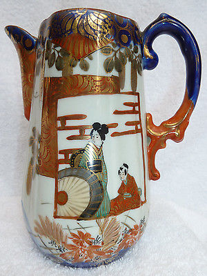 ANTIQUE JAPANESE KUTANI PITCHER / PORCELAIN / GEISHA, BIRD, FLOWERS / EXCELLENT
