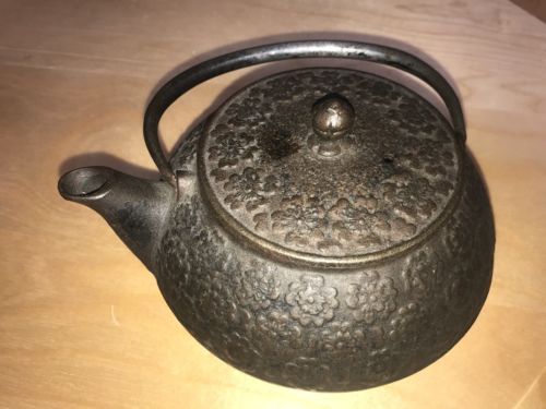 Antique Japanese Cast Iron Tetsubin Tea Pot Kettle Inscribed Metal Insert Rare