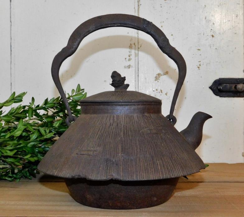 Old Japanese Tetsubin Cast Iron Water Kettle Tea Pot Jomon Mt. Fuji Form Signed
