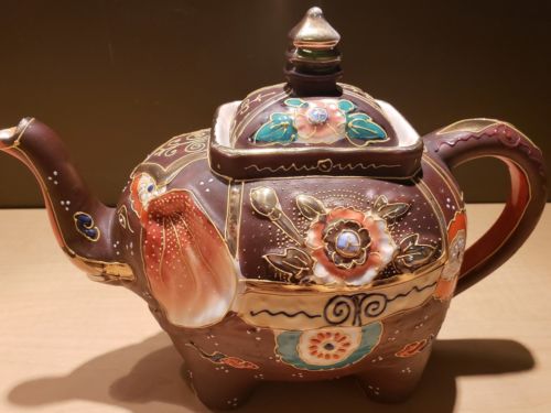 Vintage Japanese Moriage Gilded Satsuma Hand Painted Elephant Teapot Tea Kettle