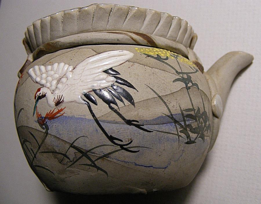 Antique Japanese Banko Ware Teapot, Hand Painted Moriage Cranes