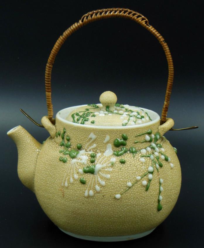 Antique Japanese Moriage Meiji Sharkskin Pottery Teapot Orange Peel Glaze