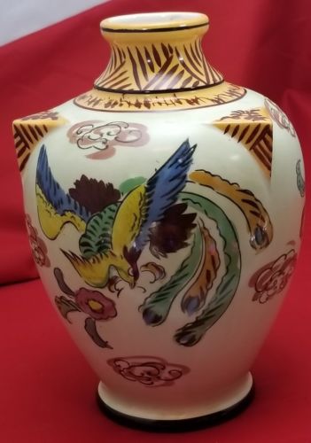 Vintage Unique Japanese Ceramic Vase Hand Painted Bird Scene Cherry Blossoms