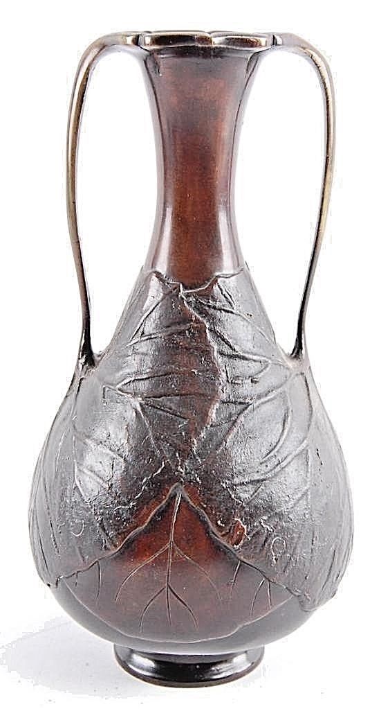 Antique Japanese Art Nouveau Bronze Vase Meiji Era Lotus Leaf Design Handled
