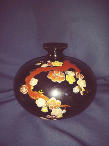 Lacquered Japanese Cherry Blossom Raised Design Vase