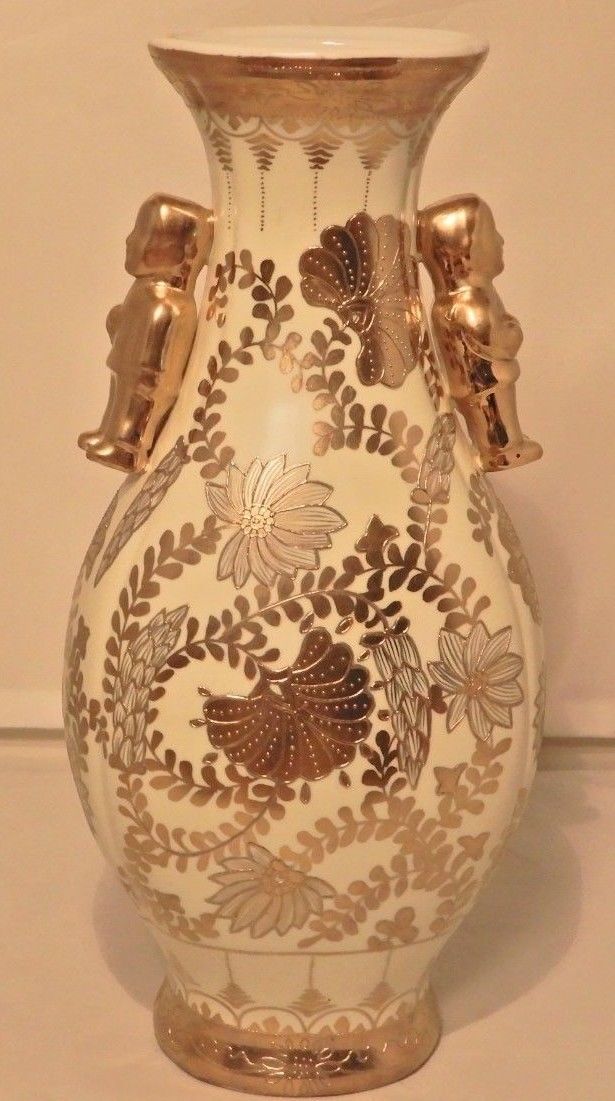 Antique Nippon Hand Painted Vase Gold Cream Floral Vine Design Man Figure Handle